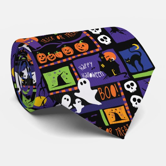 Halloween Ghosts Print Stropdas, Paars en zwart Stropdas (Opgerold)