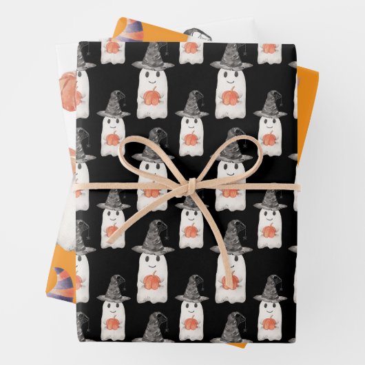 Halloween Ghosts Pumpkin Waterverf Wrapping Paper (In situ)