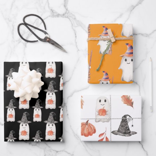 Halloween Ghosts Pumpkin Waterverf Wrapping Paper (Voorkant)
