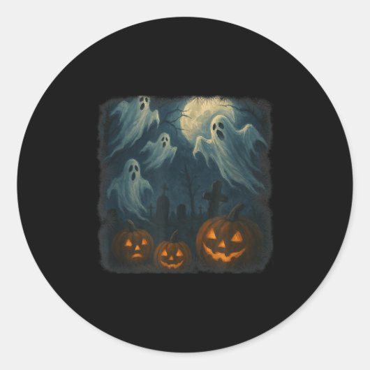 Halloween. Ghosts, Pumpkins And Graveyard!  Ronde Sticker (Voorkant)