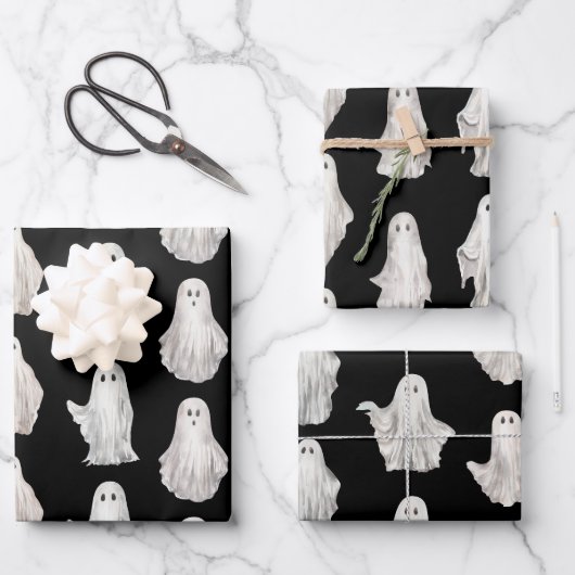 Halloween Ghosts Waterverf Pattern Wrapping Paper (Voorkant)