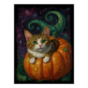 Halloween Ginger & White Kitten Rijden een pompoen Perfect Poster