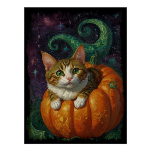 Halloween Ginger & White Kitten Rijden een pompoen Perfect Poster (Voorkant)