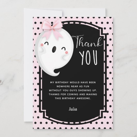 Halloween Girl Birthday Pink Black Polka dot Bedankkaart (Voorkant)