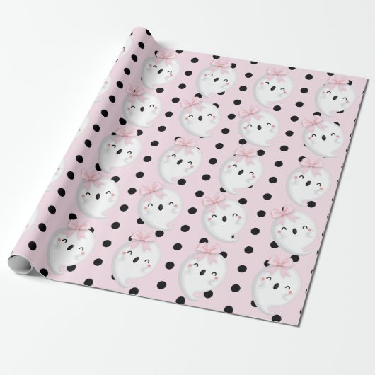 Halloween Girl Birthday Pink Black Polka dot Ghost Cadeaupapier (Uitgerold)