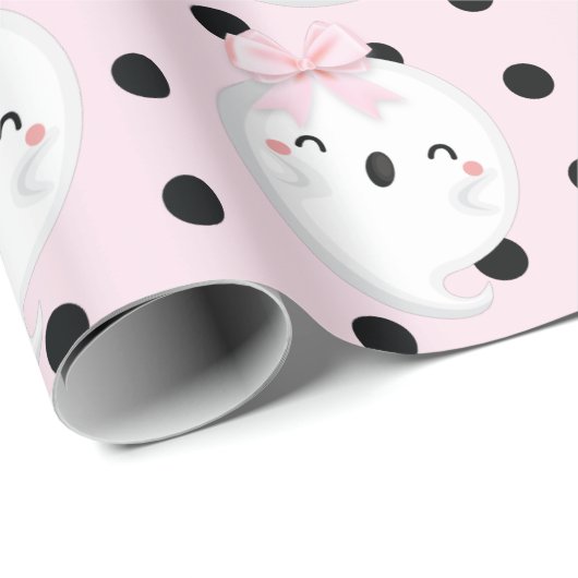 Halloween Girl Birthday Pink Black Polka dot Ghost Cadeaupapier (Rol Hoek)