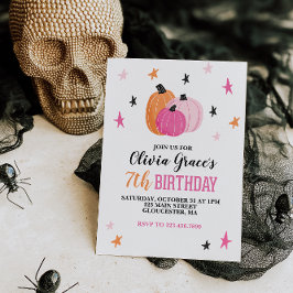 Halloween Girl Birthday Pink Pumpkins Stars Invita Kaart