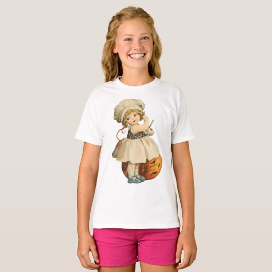 Halloween Girl Carving Apple T-shirt (Voorkant volledig)