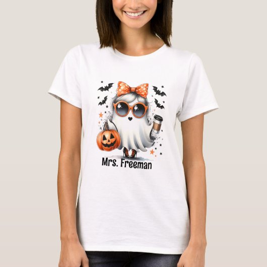 Halloween Girl Ghost met koffie en pompoen T-shirt (Voorkant)