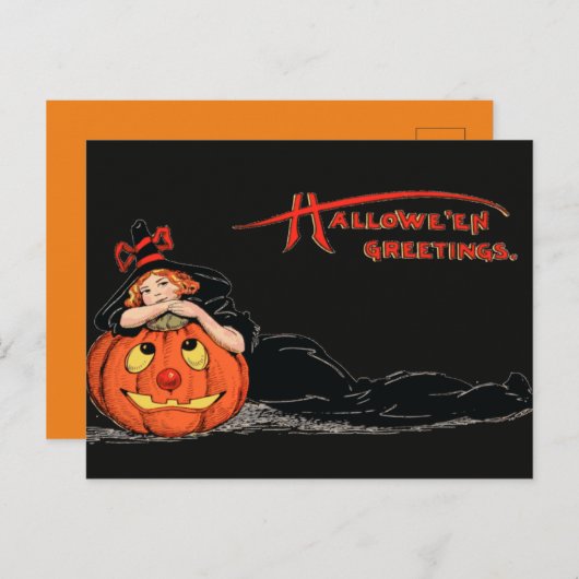  Halloween Girl Witch en Pumpkin Briefkaart (Voorkant / Achterkant)