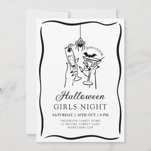 Halloween Girls Night Hand getrokken uitnodiging (Voorkant)