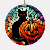 Halloween Glas in lood zwarte kat pompoen Keramisch Ornament (Voorkant)