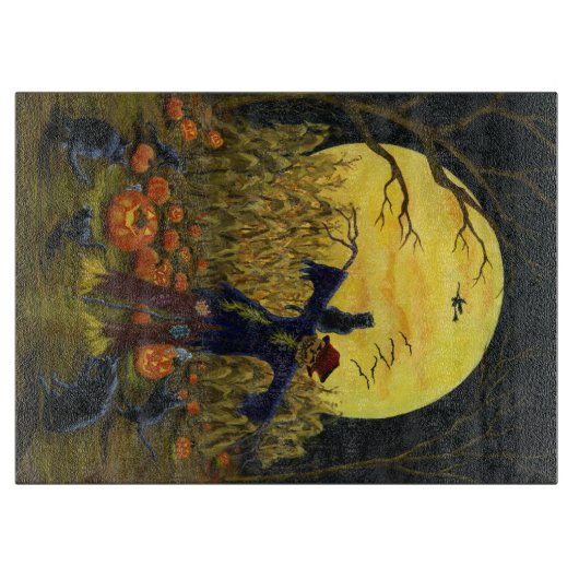 Halloween Glass Cutting Board, Scarecrow Snijplank (Voorkant)