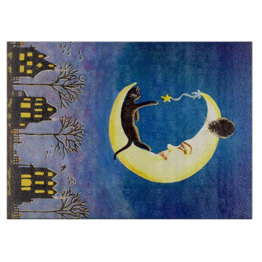 Halloween glazen snijplank, maan, zwart, katten snijplank (Voorkant)