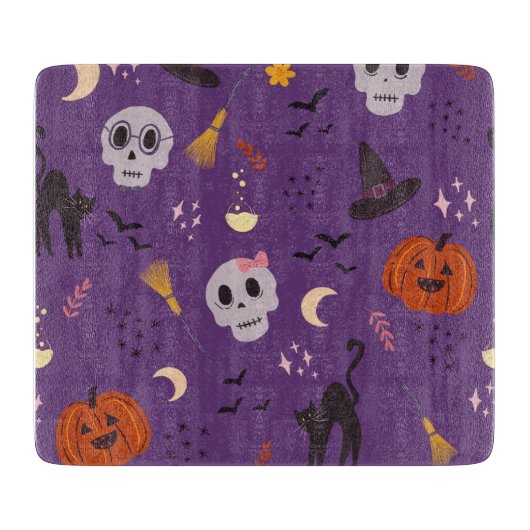 Halloween glazen snijplank – Schedels, Pompoenen (Voorkant)