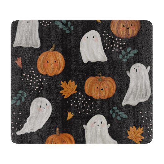 Halloween glazen snijplank – spoken, pompoenen (Voorkant)