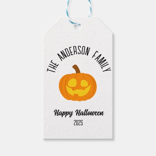 Halloween gloeiende pompoen gezicht gepersonalisee cadeaulabel (Voorkant)