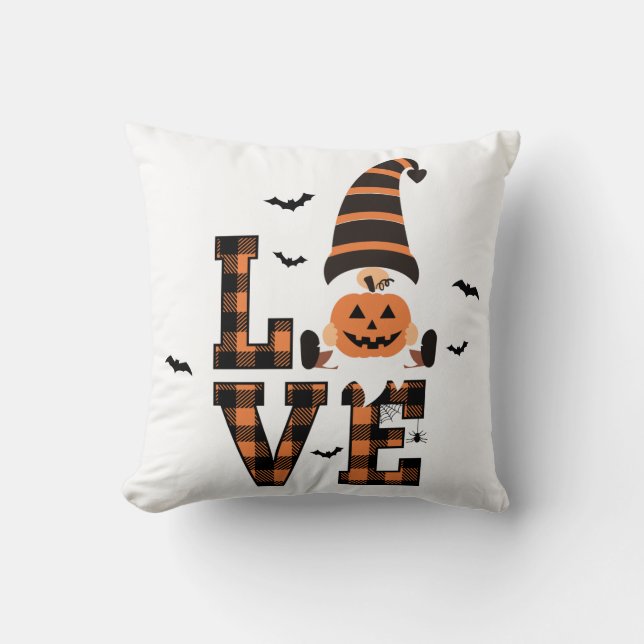 Halloween Gnome Tartan LOVE Black Sinaasappel Kussen (Voorkant)