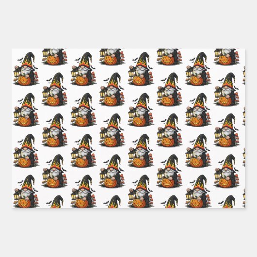 Halloween Gnome Wrapping Paper Flat Sheet Set of 3 (Voorkant)