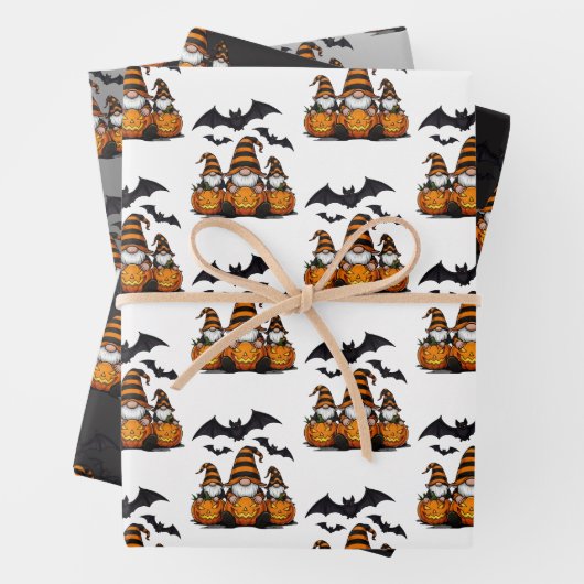 Halloween Gnome Wrapping Paper Flat Sheet Set of 3 (In situ)