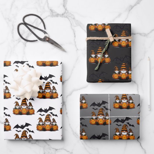 Halloween Gnome Wrapping Paper Flat Sheet Set of 3 (Voorkant)