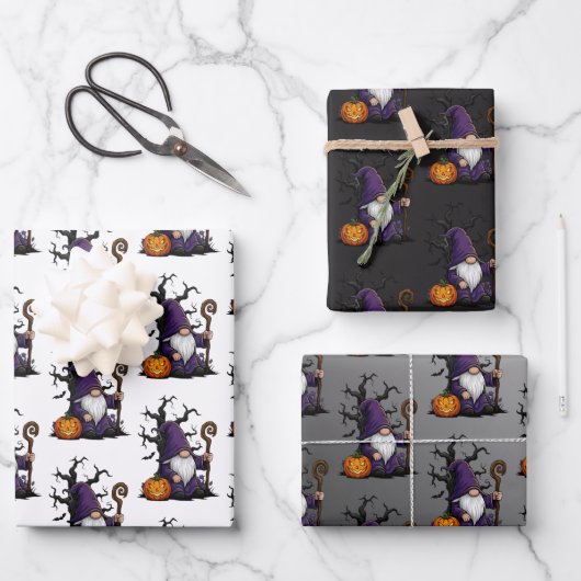 Halloween Gnome Wrapping Paper Flat Sheet Set of 3 (Voorkant)