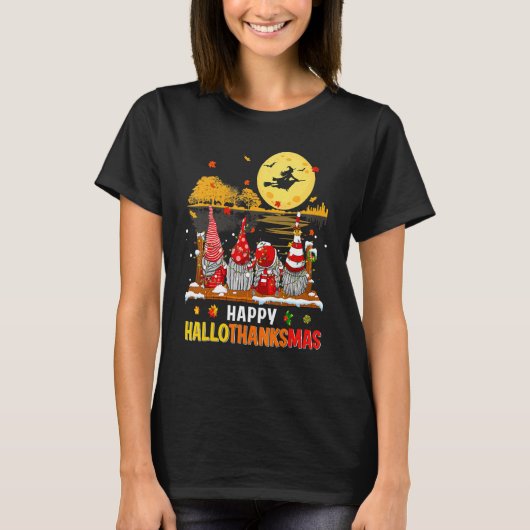 Halloween Gnomes Happy HalloThanksMas Thanksgiving T-shirt (Voorkant)