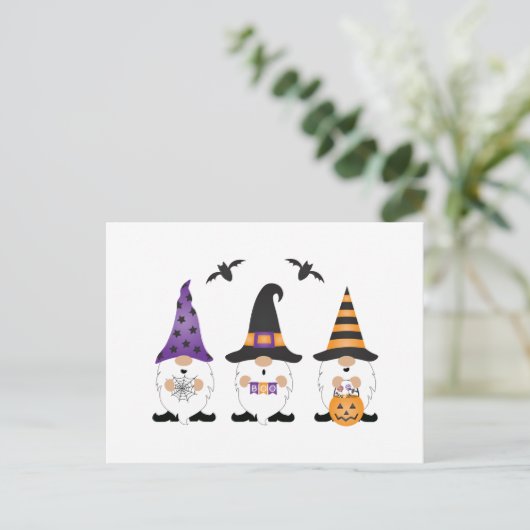 Halloween Gnomes Paars Sinaasappel Briefkaart (Staand voorkant)