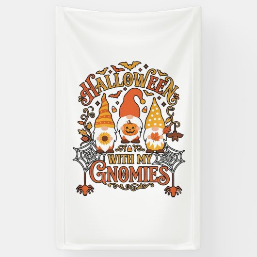 Halloween Gnomies Pompoen Spinnenweb Vleermuizen_1 Spandoek (Verticaal)