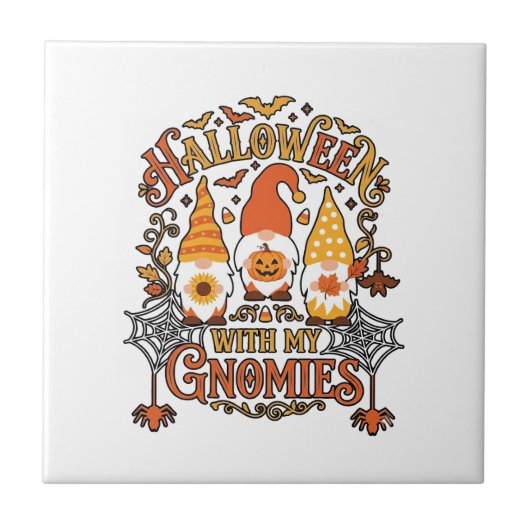 Halloween Gnomies Pompoen Spinnenweb Vleermuizen_1 Tegeltje (Voorkant)