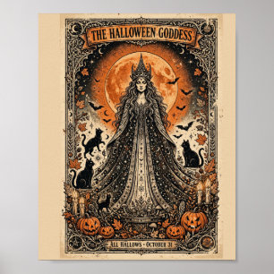 Halloween Godin Vintage Gotische Heks Zwarte Kat Poster