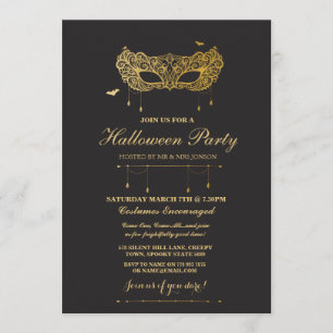 Halloween Gold Black Masquerade Party Invite Kaart