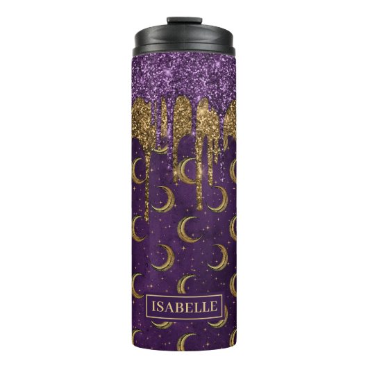 Halloween Gold Moon Paarse Glitter Drip Tumbler Thermosbeker (Voorkant)
