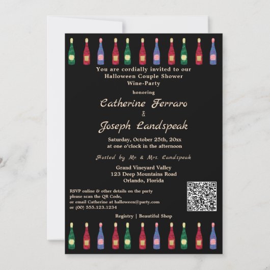 Halloween Gold Skulls Shower Wine & QR Code Kaart (Achterkant)