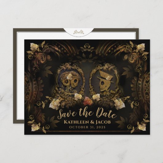 Halloween Golden Elegant Skeletons Save Date Postc Briefkaart (Voorkant / Achterkant)