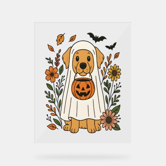 Halloween Golden Retriever Bloemen Acryl Bord (Voorkant)