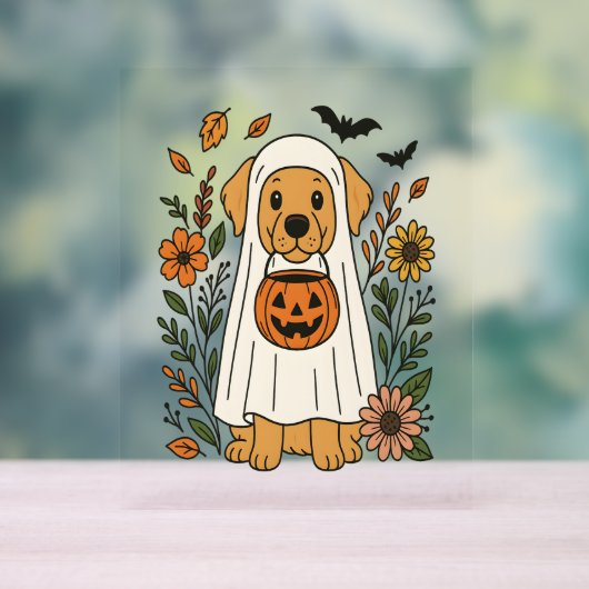 Halloween Golden Retriever Bloemen Acryl Bord (Neutraal)