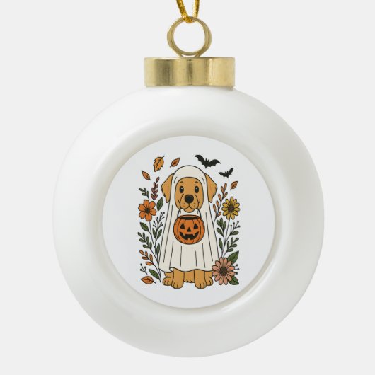 Halloween Golden Retriever Bloemen Keramische Bal Ornament (Voorkant)