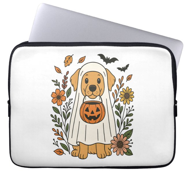 Halloween Golden Retriever Bloemen Laptop Sleeve (Voorkant)