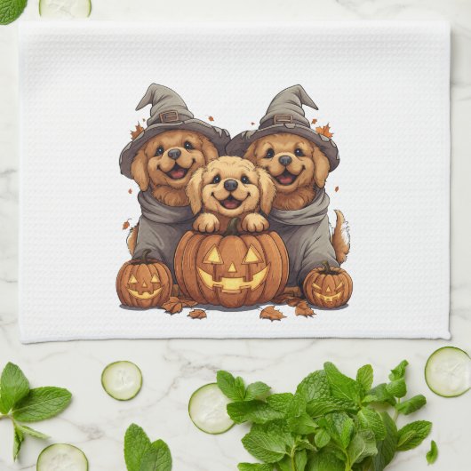 Halloween Golden Retriever Honden Jack O Lantern Theedoek (Gevouwen)