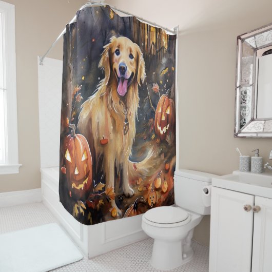Halloween Golden Retriever met pompoenen eng Douchegordijn (In situ)