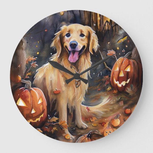Halloween Golden Retriever met pompoenen eng Grote Klok (Voorkant)