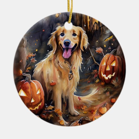 Halloween Golden Retriever met pompoenen eng Keramisch Ornament (Voorkant)