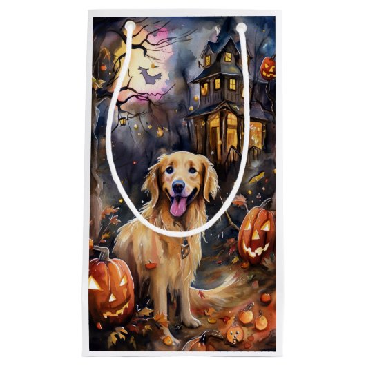 Halloween Golden Retriever met pompoenen eng Klein Cadeauzakje (Voorkant)