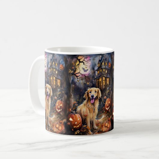Halloween Golden Retriever met pompoenen eng Koffiemok (Voorkant links)