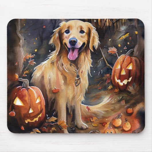 Halloween Golden Retriever met pompoenen eng Muismat (Voorkant)
