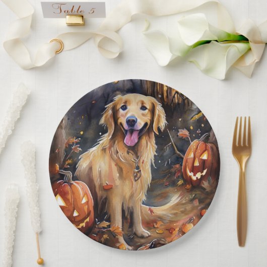 Halloween Golden Retriever met pompoenen eng Papieren Bordje (Huwelijk)