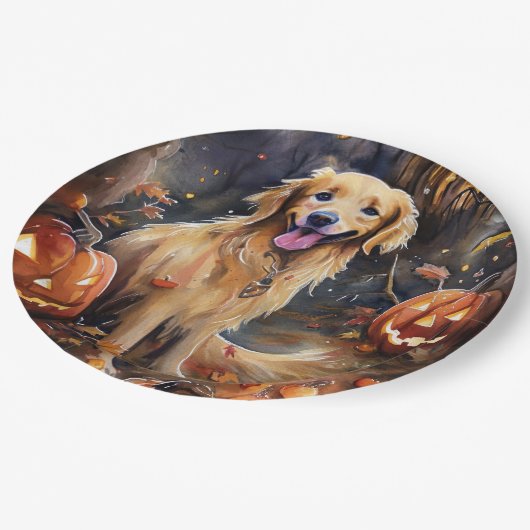 Halloween Golden Retriever met pompoenen eng Papieren Bordje (Gekanteld)