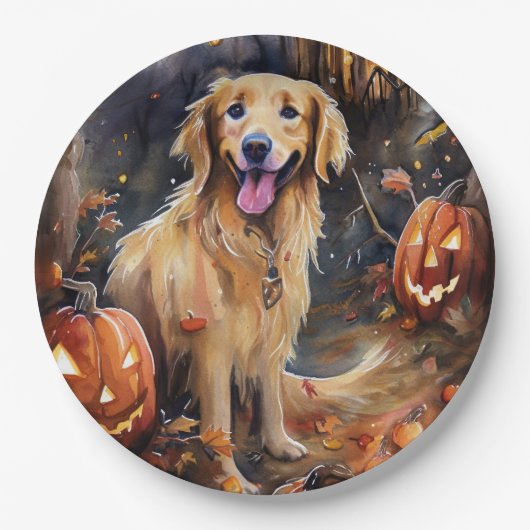 Halloween Golden Retriever met pompoenen eng Papieren Bordje (Voorkant)
