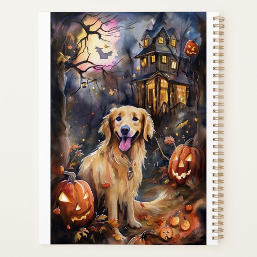 Halloween Golden Retriever met pompoenen eng Planner (Achterkant)